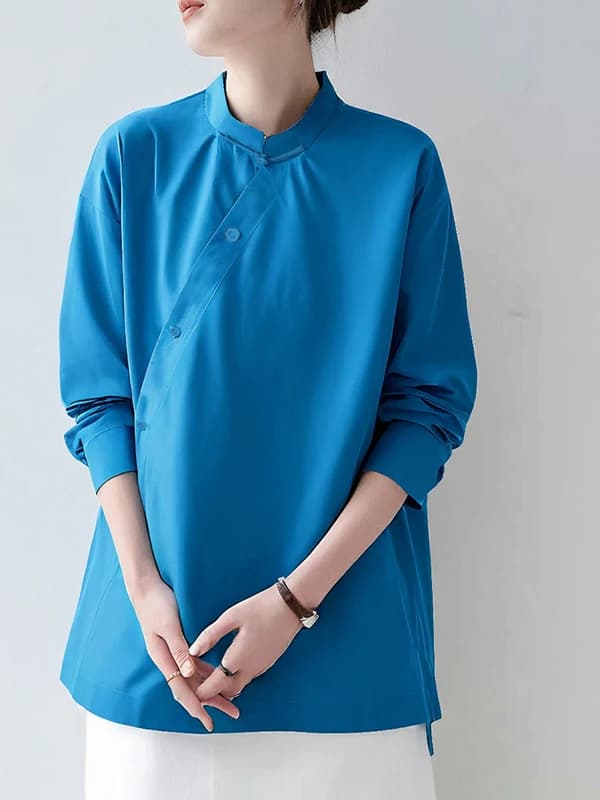 Blue New Chinese Style Shirt Women's Summer Thin National Style Long Sleeve Stand Collar Outerwear Small Design Sense Blouse