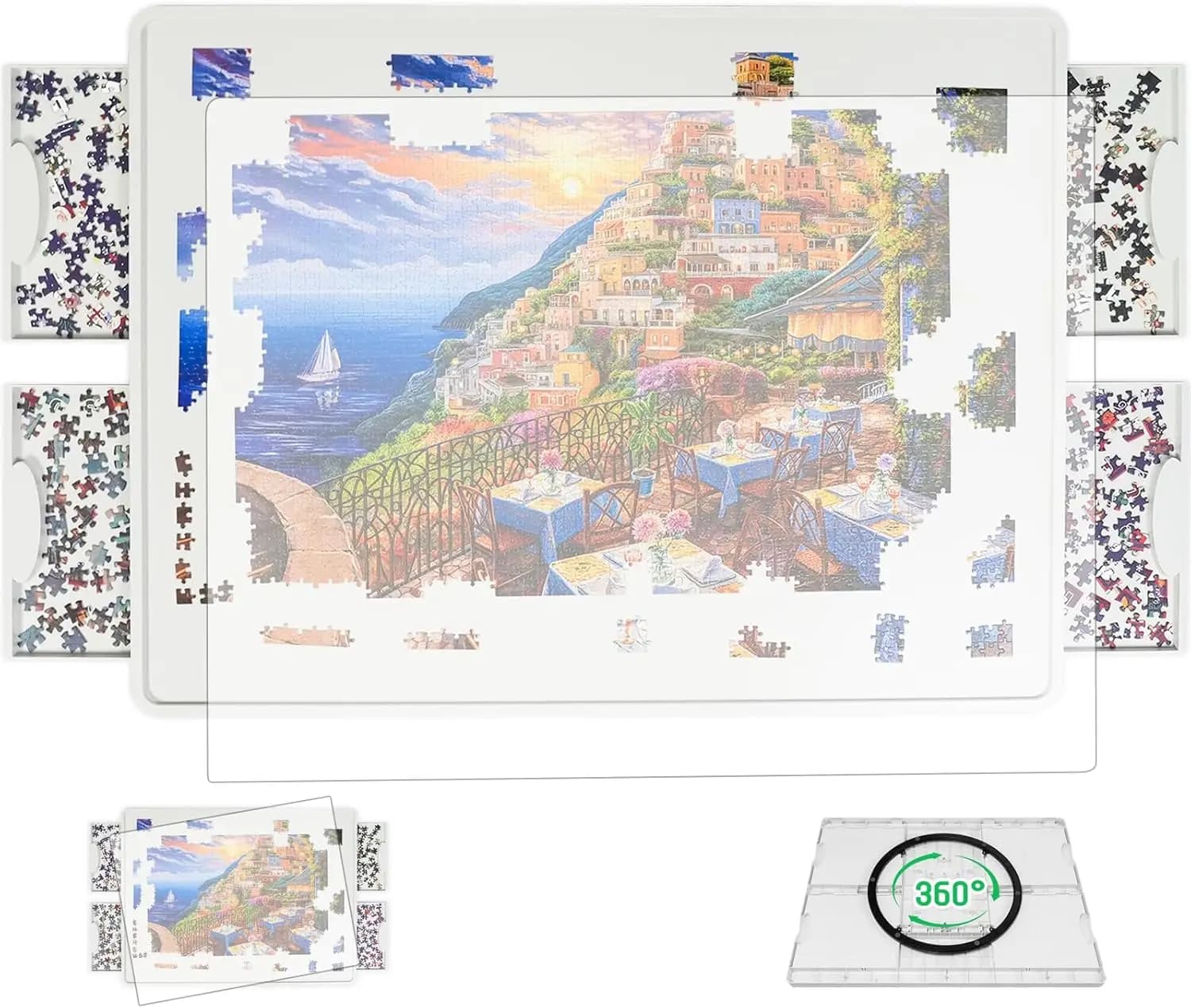 Tavolo Rotante Leggero per Puzzle da 1500 Pezzi con 4 Cassetti e Coperchio, Tavolo Portatile in Plastica per Mamma