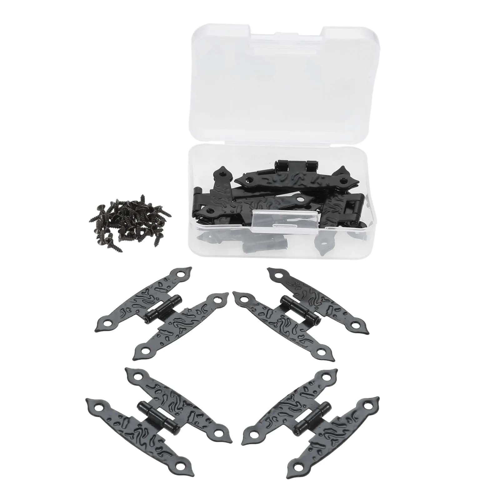 10Pcs Black H Cabinet Hinges Decorative Metal Hinge for Door Windows Kitchen Furniture Wooden Boxes + Storage Box + 40Pcs Screws