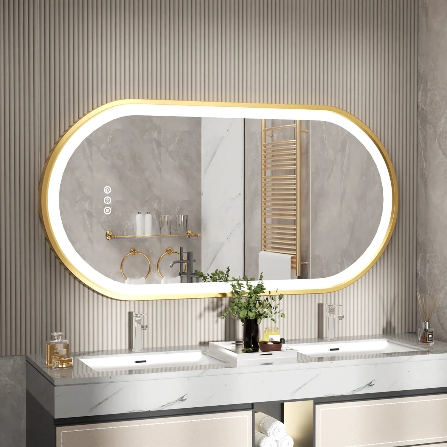 L L # Specchio da bagno ovale con cornice dorata Specchio cosmetico intelligente antiappannamento illuminato a LED Specchio per trucco innovativo illuminato dimmerabile antiappannamento