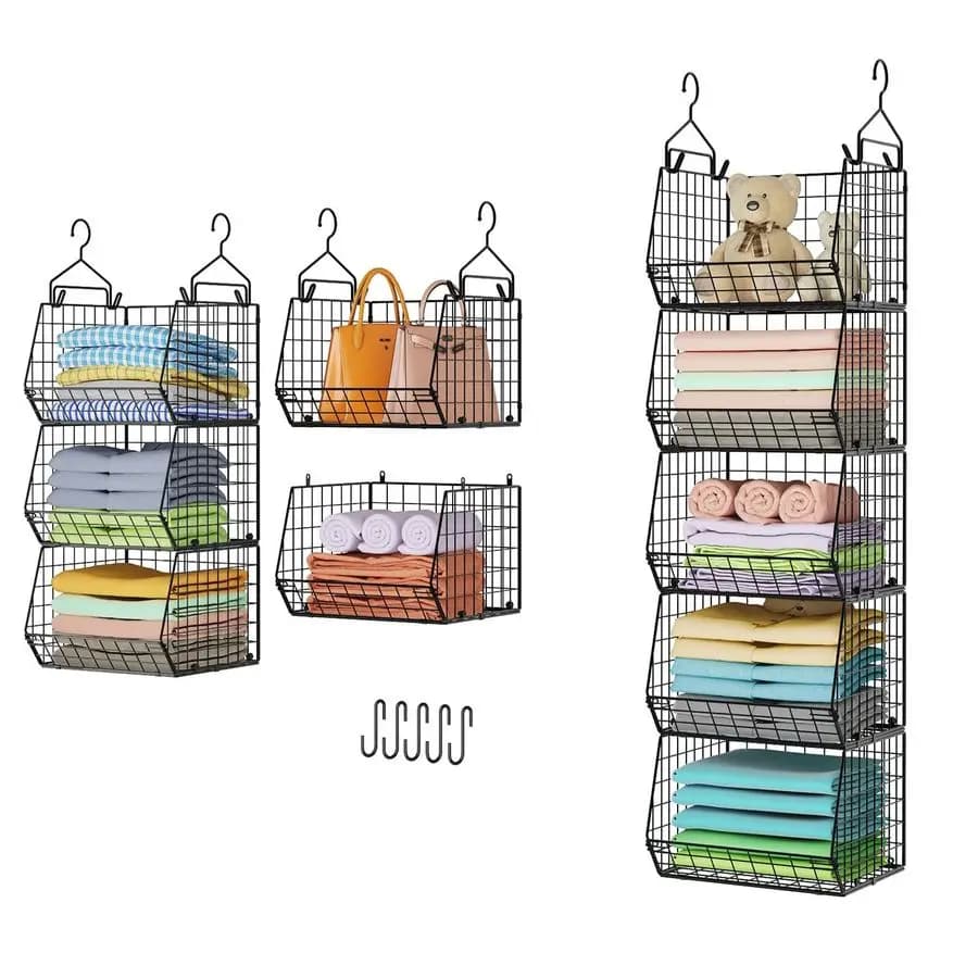 5-level hanging organizer for wardrobe, coat racks with 4 hooks and 5 hooks, metal wire holder baskets, for clothes