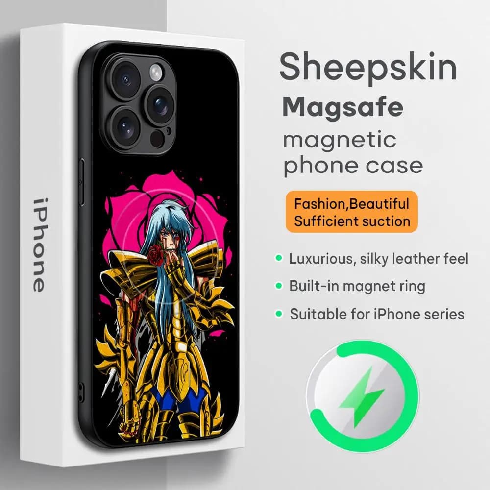 Custodia per telefono modello classico Anime saint seiya per iPhone 16 15 14 13 12 11 Plus Pro Max pelle di pecora Magsafe di lusso di fascia alta