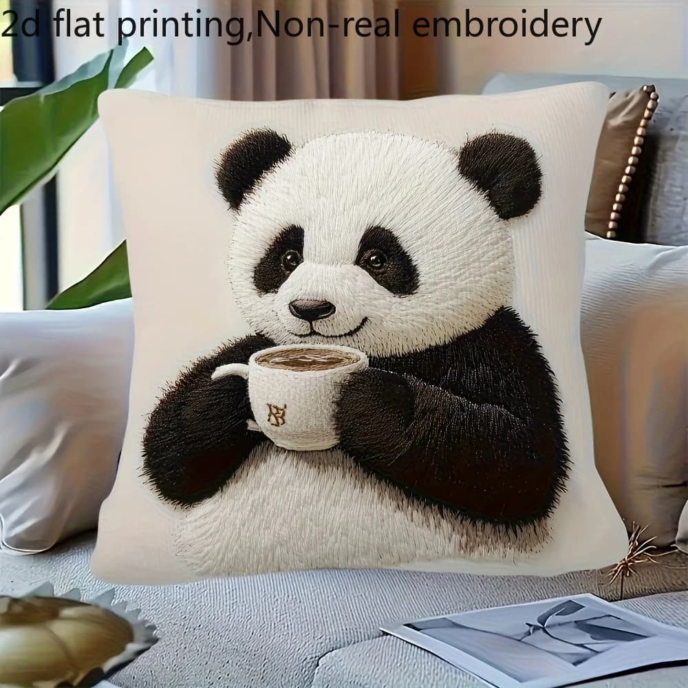 2D flat- Cute Panda Drinking Coffee Throw Pillow Cover Soft Decorative Cushion Case for Home Living Room Bedroom Sofa