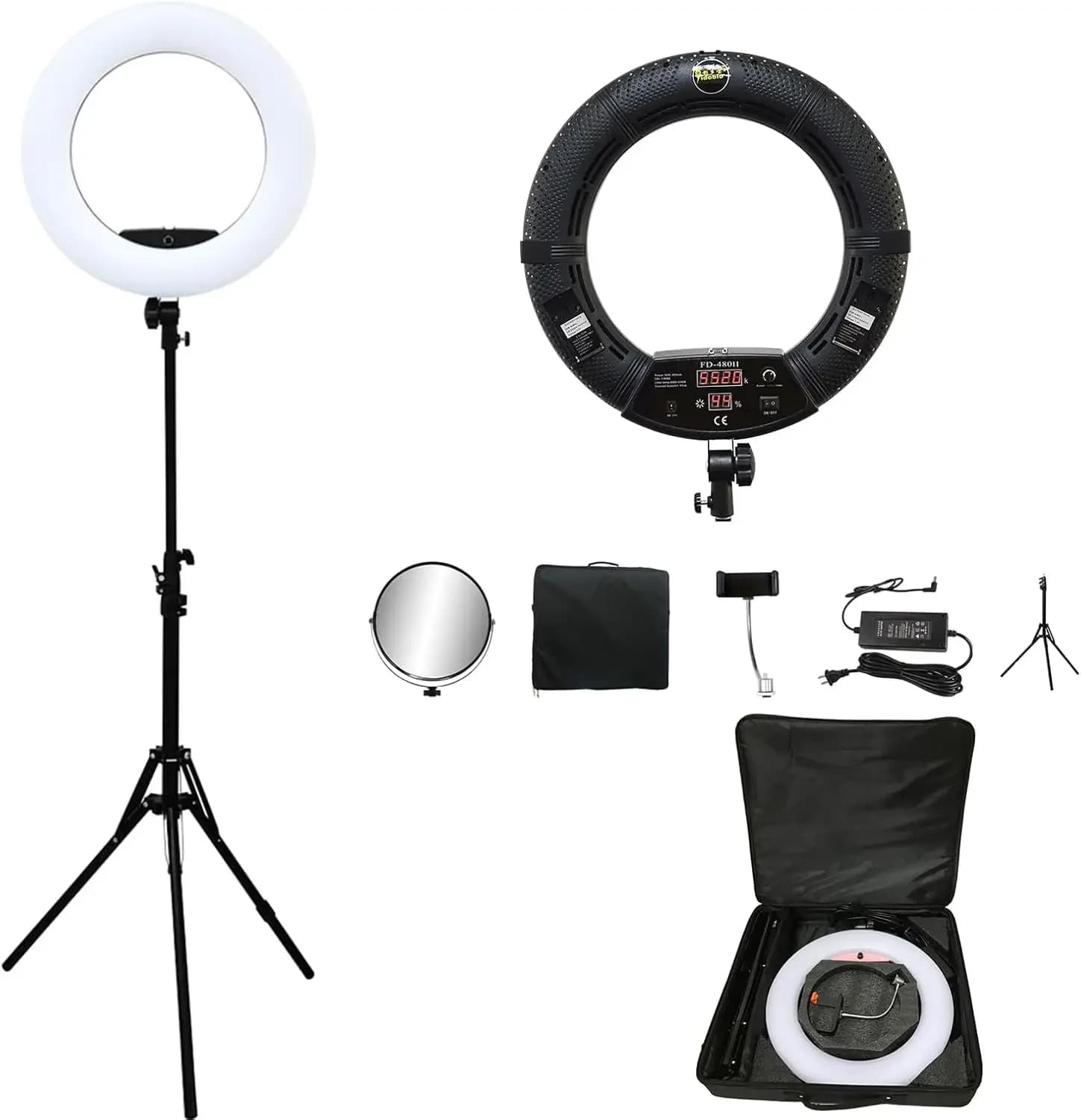 FD480 Ring Lamp 18 Inch LED Ring Light with Stand and Mirror, Black | 96W, Selfie Light, YouTube Vlog Live Stream, Makeup Beauty