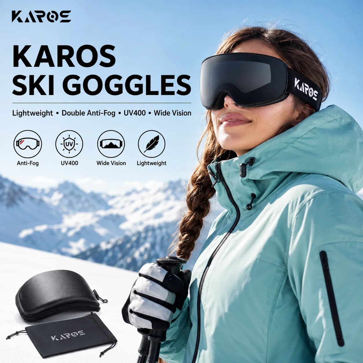 KAROS Ski Goggles Double Layer Anti-Fog UV400 Wide Vision Snowboard Goggles Lightweight Adjustable Strap Winter Sports KH004