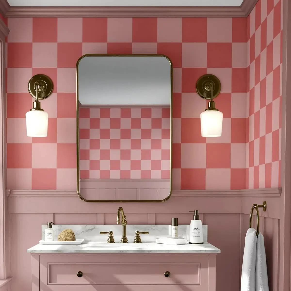 Carta da Parati Moderna Oversize a Quadri Rosa, Murale Adesivo per Bagno, Rivestimento Murale Interno Rosa e Corallo, 50*300