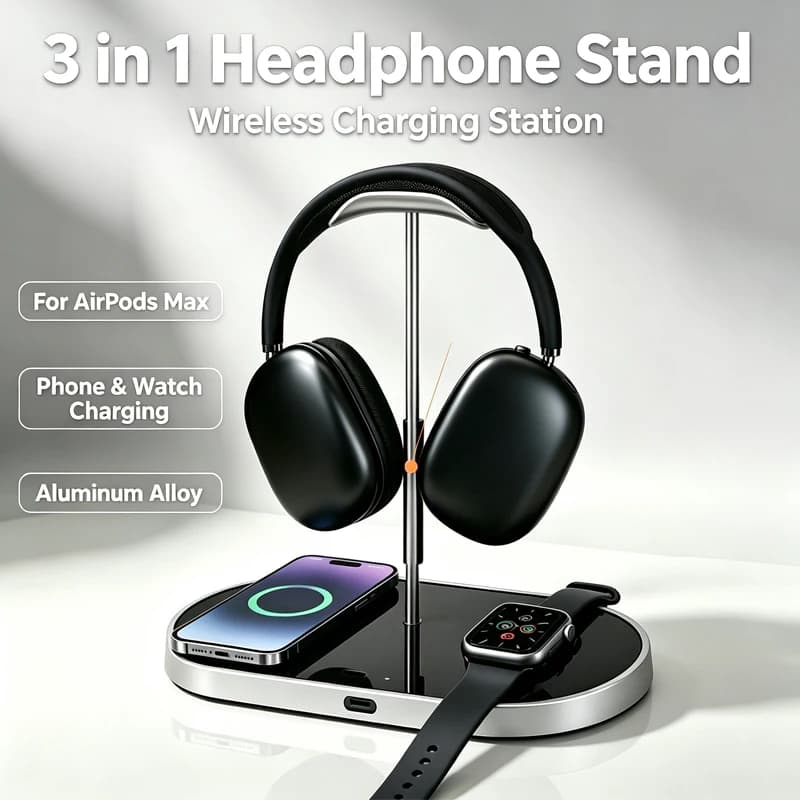 Auto Sleep Aluminum Alloy Headphone Stand 3‑in‑1 Wireless Charging Station for AirPods Max Phone Smart Watch Desktop Bracket