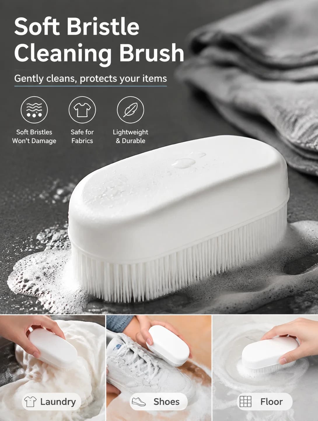 Soft Bristle Laundry Brush Multi-Use White Shoe Cleaning Scrubber Durable Household Tool for Clothes And Floor