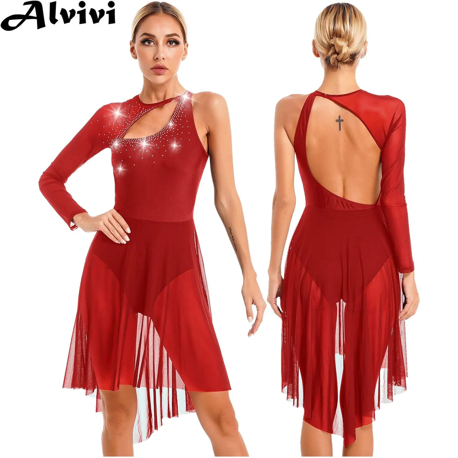 Donne danza lirica figura pattinaggio su ghiaccio vestito balletto ginnastica body abiti manica lunga strass lucido maglia trasparente Dancewear
