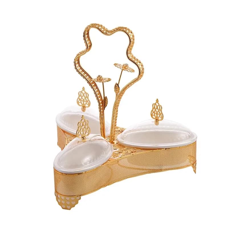 Vassoio per snack in plastica di metallo dorato di lusso, vassoio per frutta secca con coperchio portaoggetti decorativo