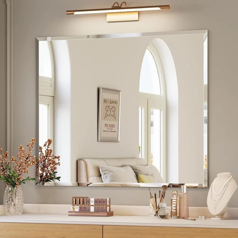 Specchio da Bagno, 76x91 cm, Specchio da Bagno o da Toeletta con Bordo Smussato, Specchio da Parete per Camera da Letto, Ingresso, Soggiorno, da Appendere Orizzontalmente