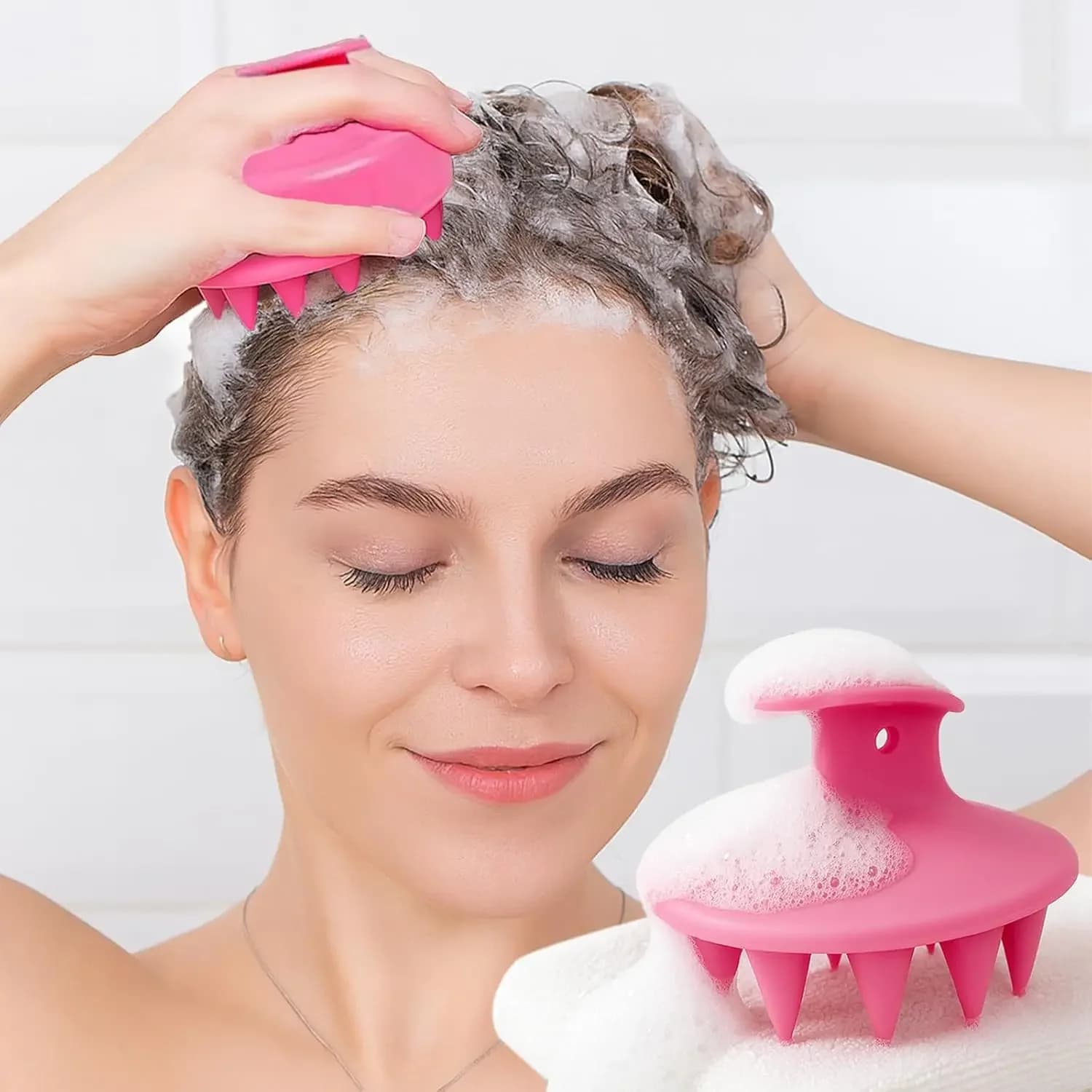 Spazzole per capelli con massaggiatore per il cuoio capelluto, spazzola per shampoo in silicone con setole morbide per doccia, capelli bagnati (rosa)