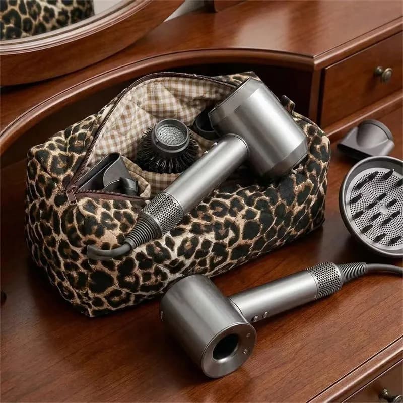 Large Capacity Leopard Print Hair Tools Storage Bag Hair Dryer Curling Iron Comb Hair Clips Styling Accessories Organizer Pouch