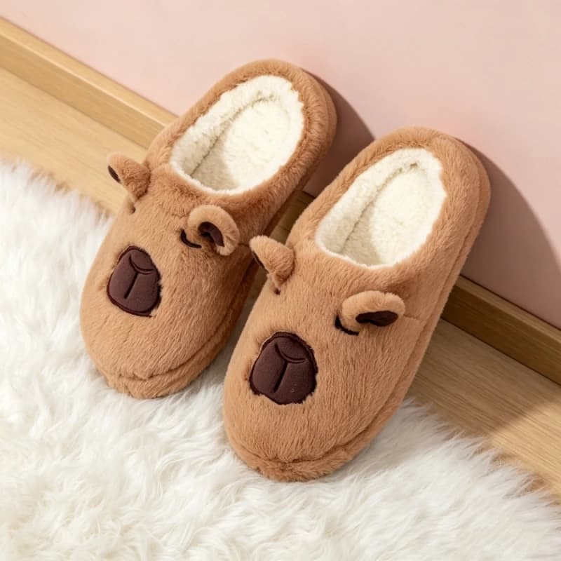 Cute Cartoon Capybara Pattern Women's Winter Warm Plush Lined Non Slip Breathable Indoor Warmth Couple House Shoes