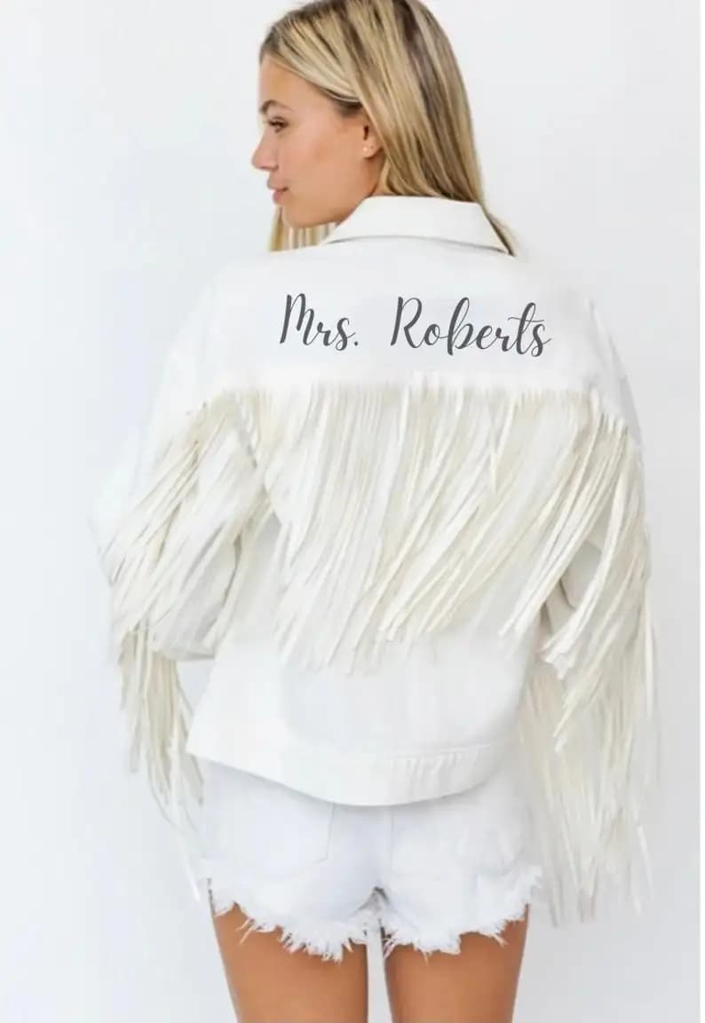 Jean jacket personalized jacket with white fringes custom wedding jacket bachelorette jacket with tassel