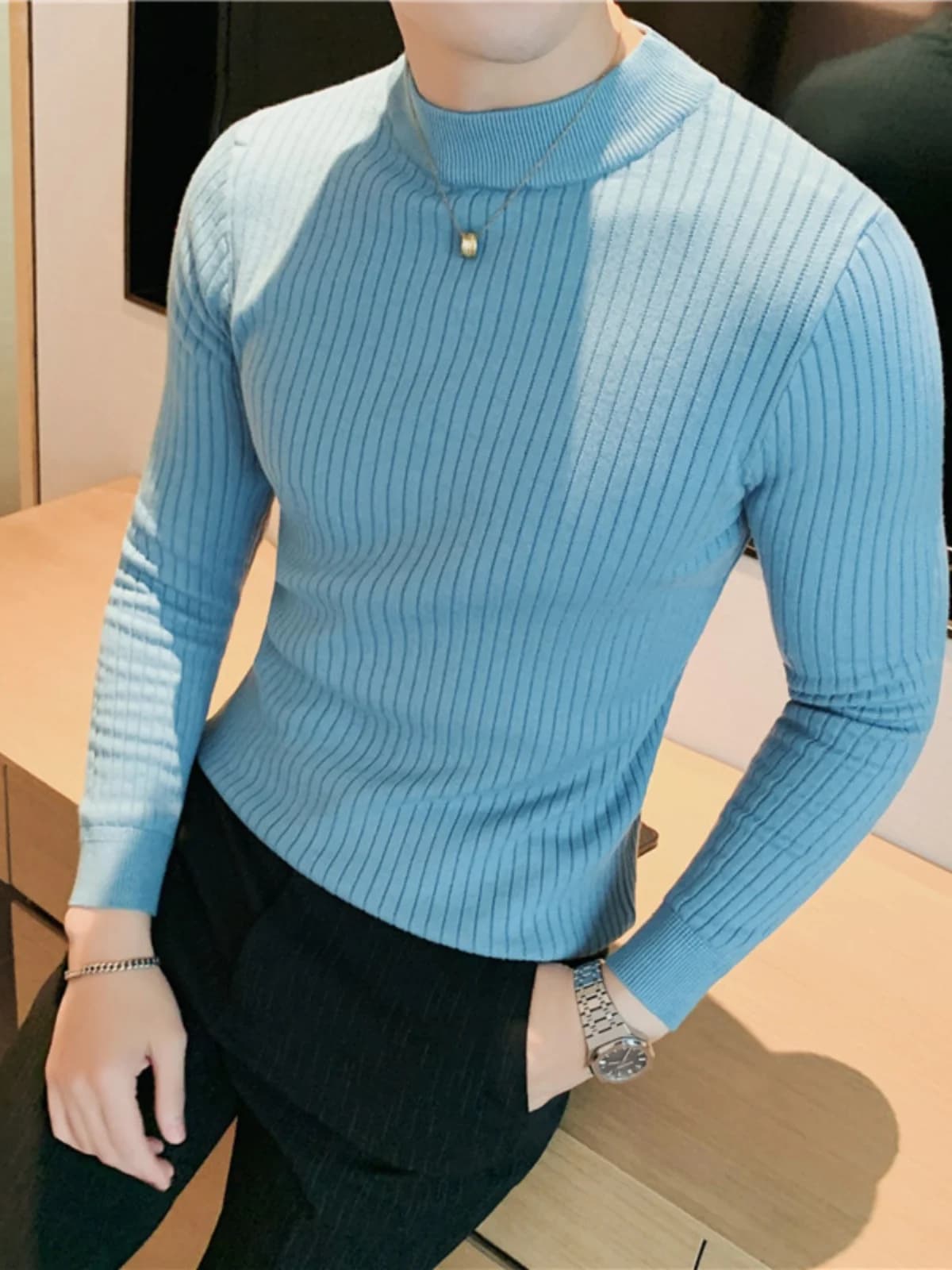 Maglione da Uomo alla Moda con Collo Semi-Alto, Slim Fit, Stile Coreano, Tendenza 2026, in Maglia Colorata
