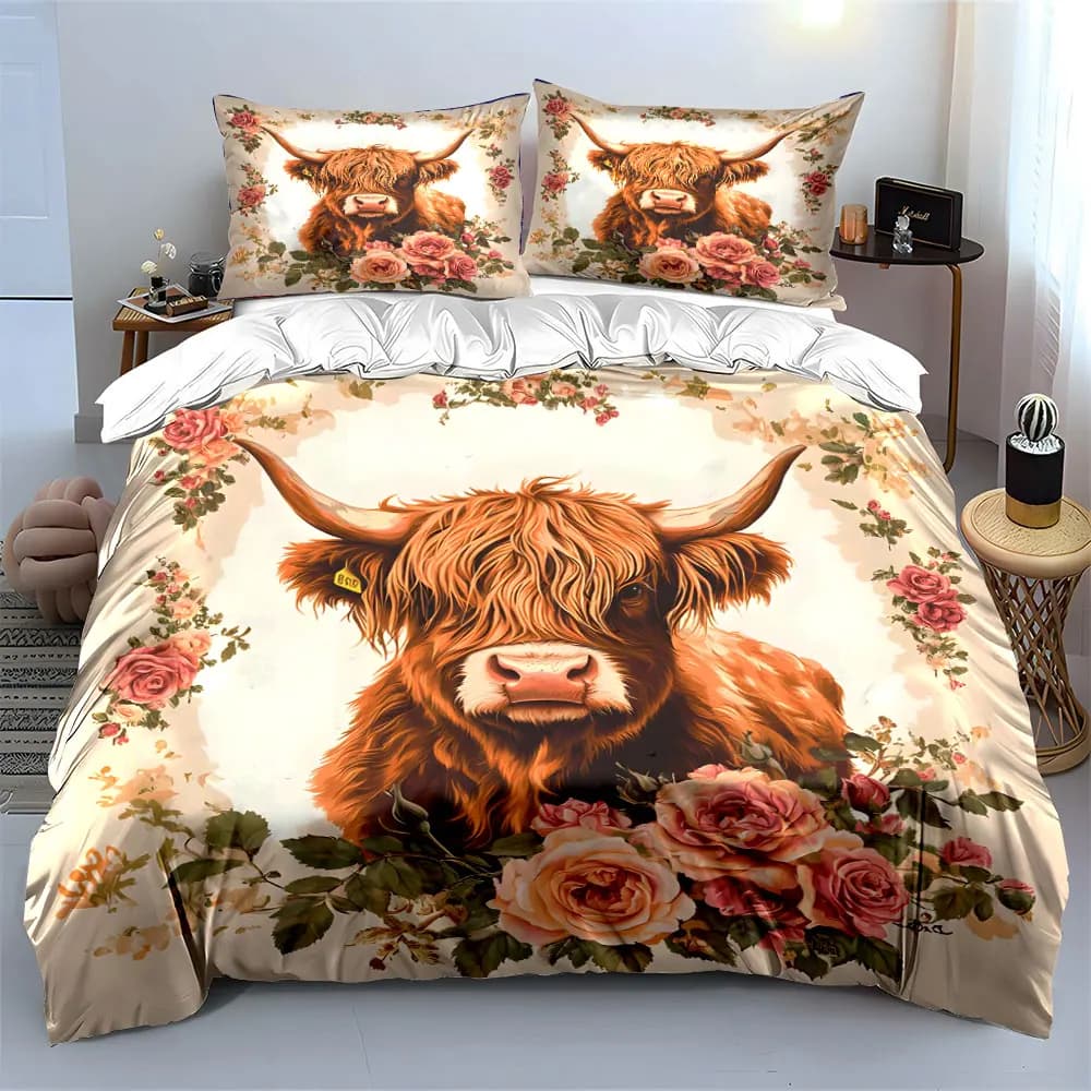 Set di biancheria da letto con stampa mucca delle Highland e ghirlanda di rose, morbido e confortevole, include 1 copripiumino e 2 federe.