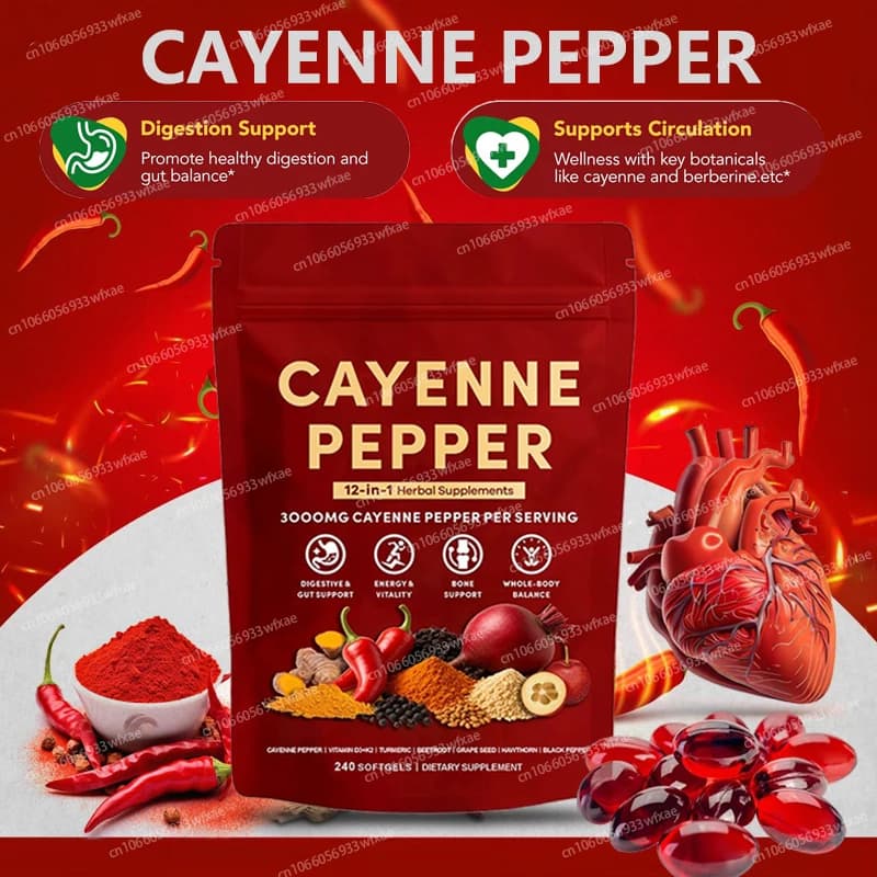 240 Softgel Integratori di Peperoncino Cayenne Complesso 12-in-1 per la Salute del Cuore, la Circolazione, il Benessere delle Vene delle Gambe e la Salute Digestiva