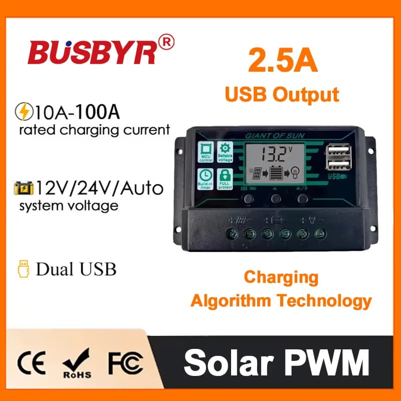 Regolatore di Carica Solare Busbyr 100A PWM con Display LCD, Uscita Dual USB 5V 12V/24V, Regolatore Intelligente per Pannelli e Batterie