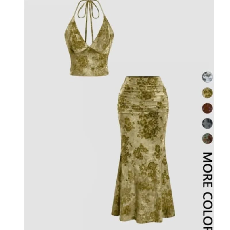 Fashionable Printed Skirt Two Piece Sets Summer Women Sexy Backless V-neck Halter Top With Drawstring & Fishtail Skirt Slim Set