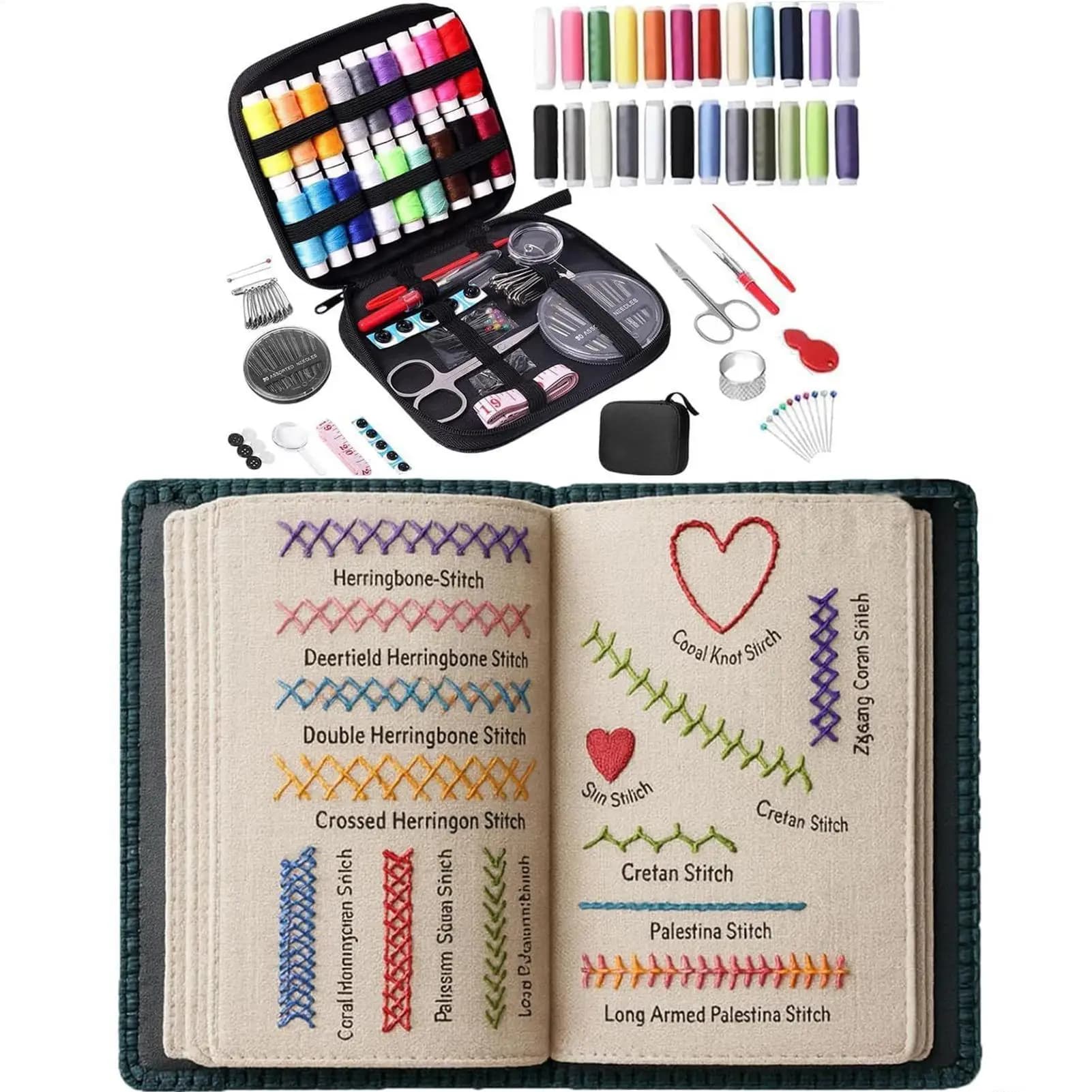 Libro di ricamo per principianti 106 modelli, kit portatile didattico con strumenti per cucito, per adulti e principianti, kit per ricamo a mano