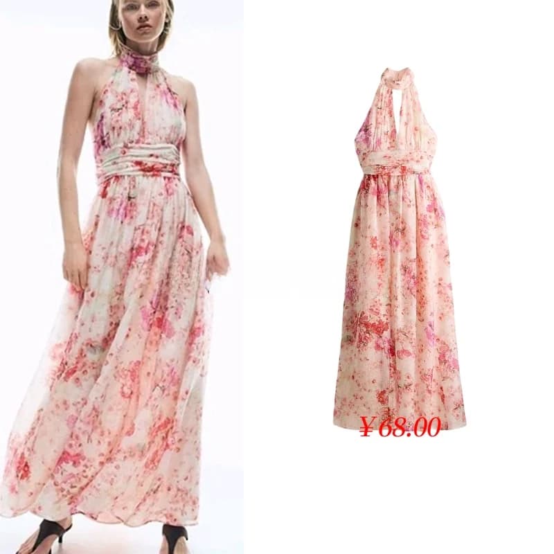 Summer New Floral Knot Belted Micro Flared Skirt Neck Hanging Dress Vacation Style Women's Loose Fit Umbrella Skirt
