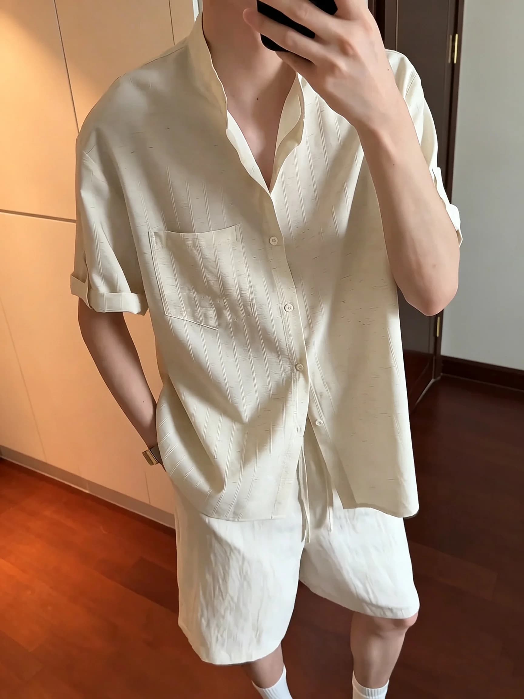 Laoqianfeng Ice Silk Linen Casual Shirt Short Sleeve Stand Collar Striped Summer Set for Men including Shorts Fashionable Ens...