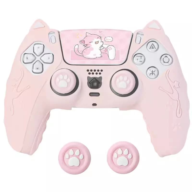 Custodia in silicone per orecchie di gatto carina per controller PS5 con cappucci per impugnatura per pollice | Copertura protettiva con joystick a zampa di gatto | Colori multipli