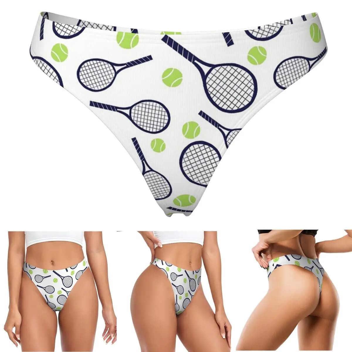 Racchetta da tennis personalizzata e slip a perizoma con pallina da tennis, traspiranti, elasticizzati, comodi, da donna.