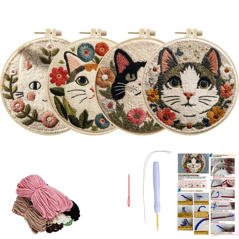 DIY Cat Flower Punch Needle Embroidery Kit for Beginners 3D Wool Poke Embroidery Set Cross Stitch Kit Knitting Craft Sewing Gift