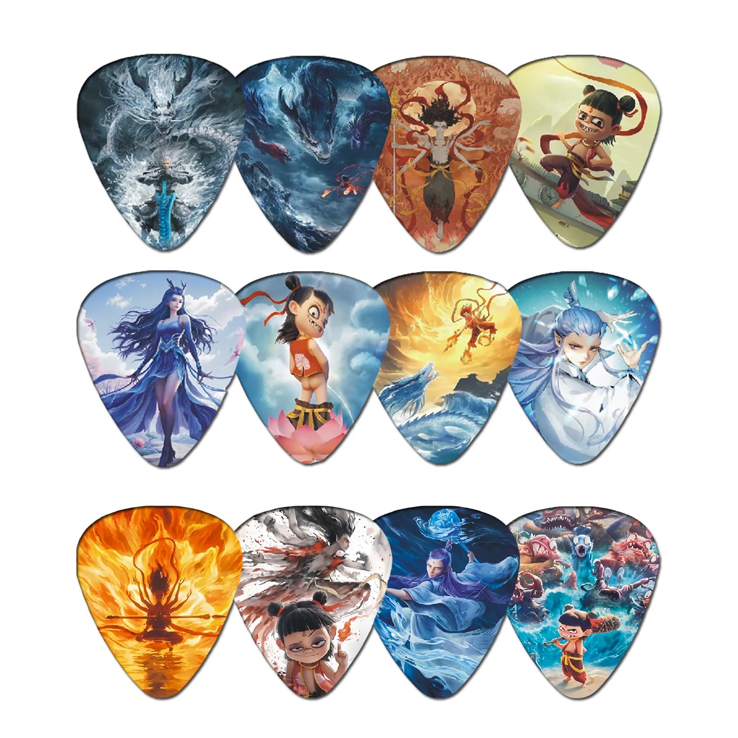 Set di 12 plettri per chitarra multicolori a tema Nezha 2 - Materiale ABS per accessori per chitarra elettrica/acustica e basso