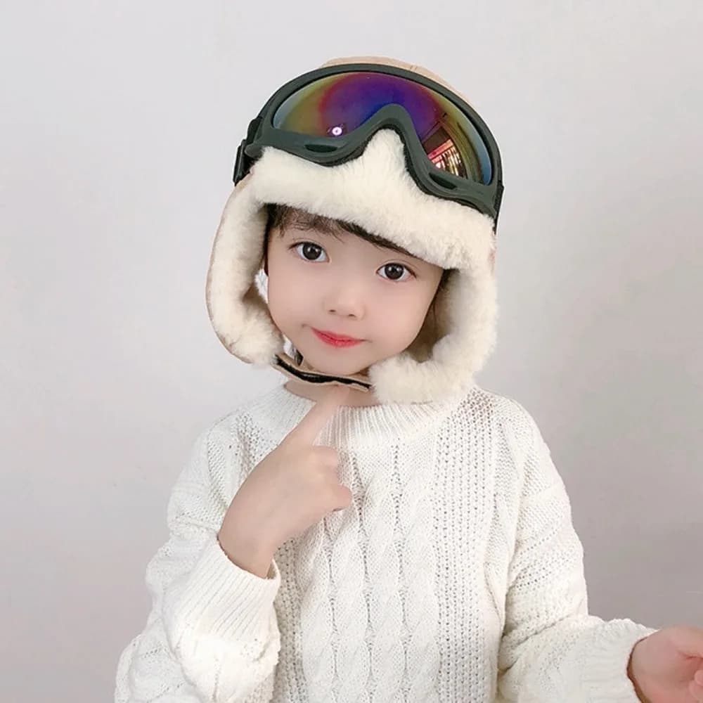 Fashion Warm Ski Cap with Glasses Goggles Cute Pilot Hat Soft Earmuff Bear Ears Hat Streetwear