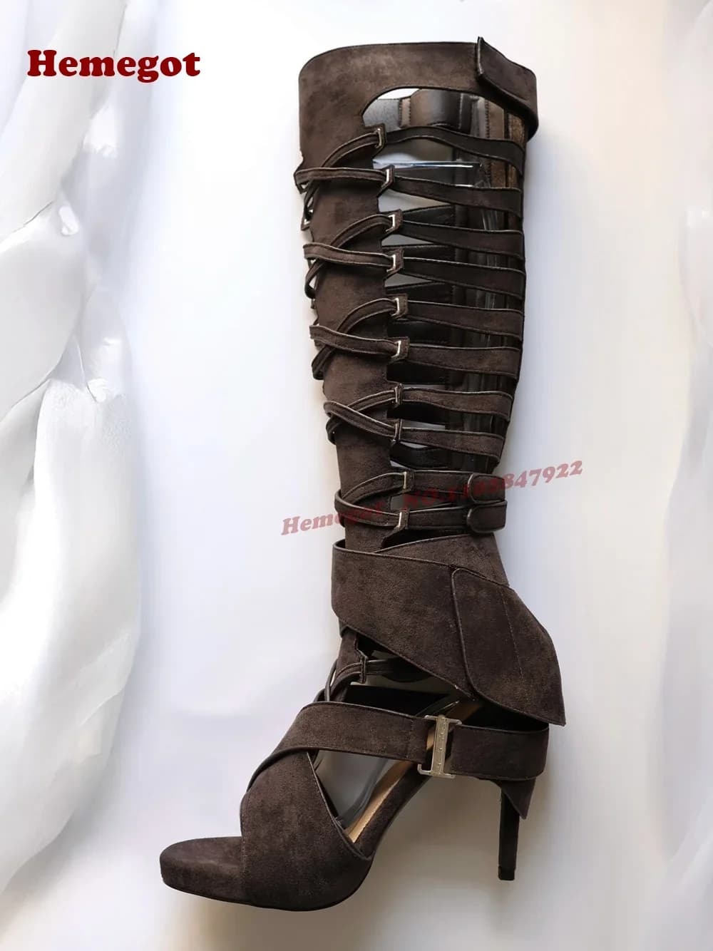 Open Toe Stiletto Heels Cut Out Women's Sandals Gladiator Suede Multi-Buckled Knee High Sandal Boots Splicing Runway Shoes Sexy