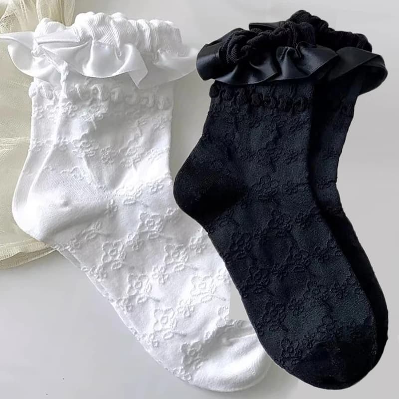 3Pairs Lolita Cute Ruffled Edge Socks Harajuku Bow Lace Japanese Jk College White Tube Socks Streetwear Hosiery Socks Kawaii