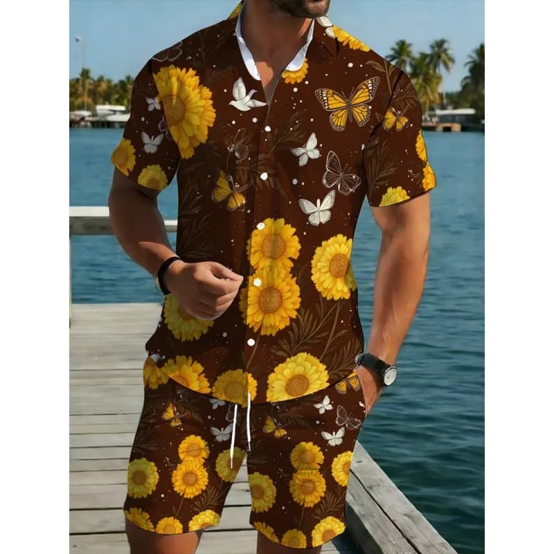 Men's Polyester Sunflower Butterfly Print Short Sleeve Shirt and Shorts Set Summer Beach Vacation Lightweight Casual Outfit