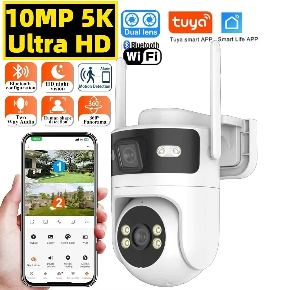 5K 10MP Tuya Dual Lens PTZ WIFI Camera Full HD Doppio schermo Ai Umano Auto Tracking Telecamera di videosorveglianza di sicurezza esterna 4K
