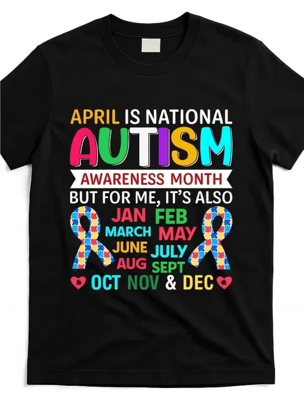 Autism Awareness Month T-shirt All Year Round Colorful Puzzle Piece Design Graphic Tee Casual Short Sleeve Autism Support Shirt
