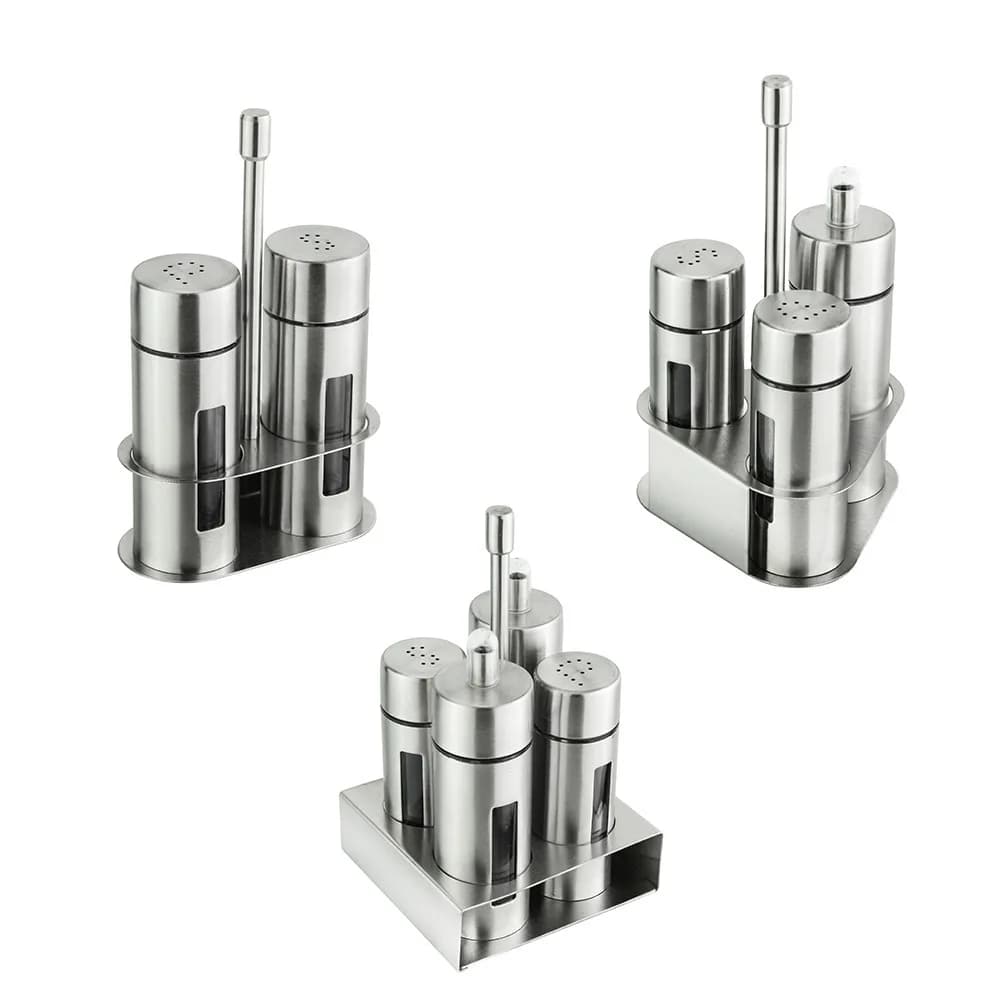 Set di Shaker per sale e pepe in acciaio inossidabile con ruote spezie inodore con supporto scatola per condimenti cottura bottiglia per condimenti utensili da cucina