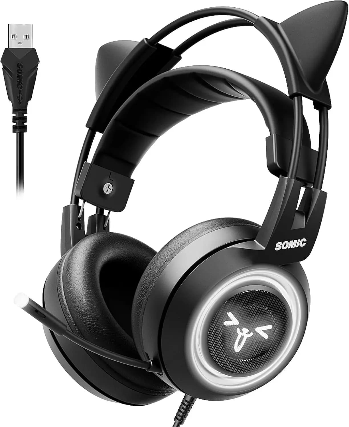 Cuffie da gioco con audio surround virtuale 7.1, orecchie da gatto staccabili, luci LED, USB, leggere per PC, PS4, laptop