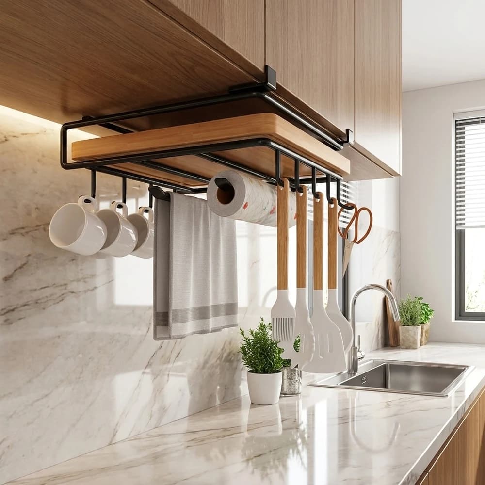 Organizzatore da Cucina a Doppio Strato Sottopensile con Ganci, Ripiano Multiuso per Asciugamani di Carta, Taglieri e Coperchi Pentole