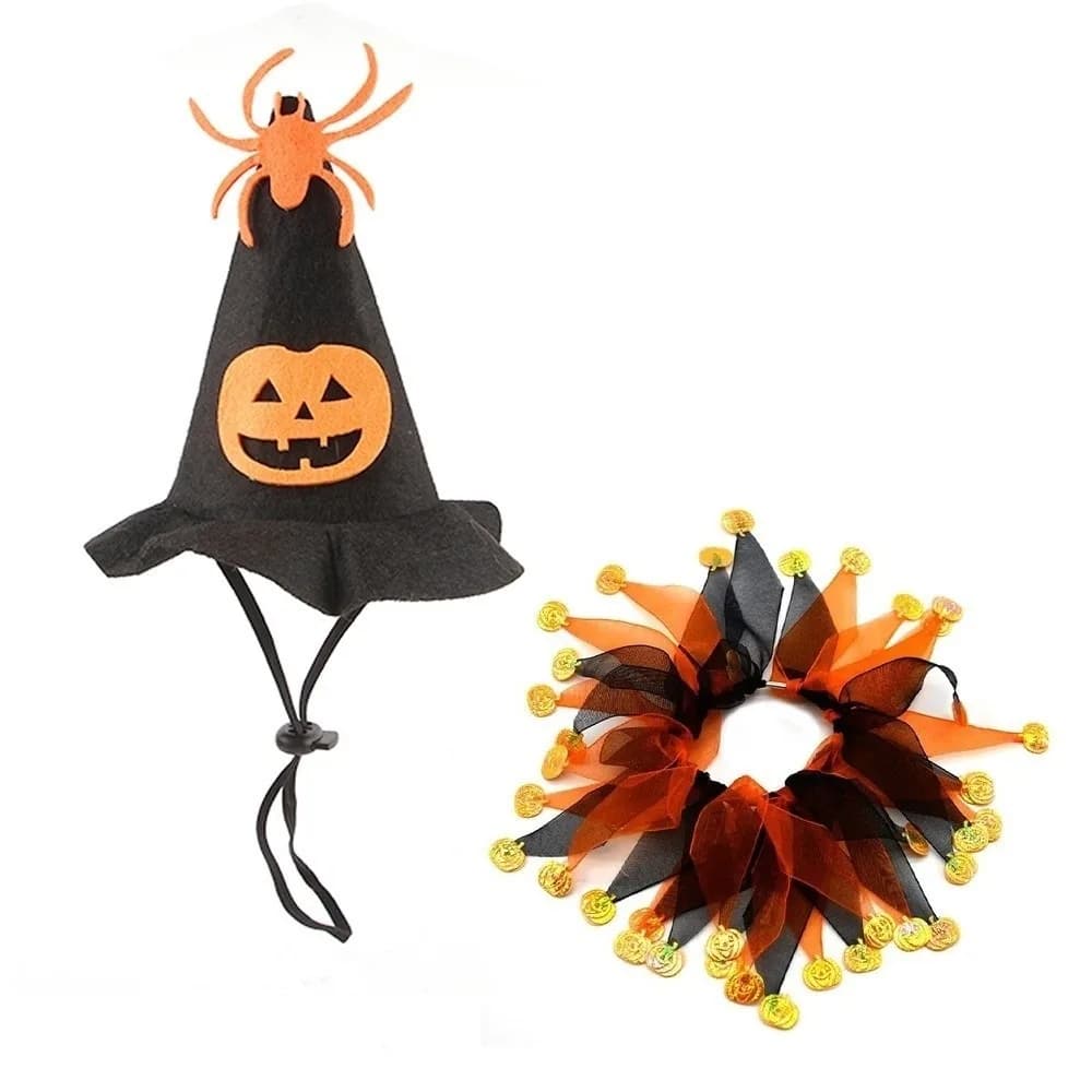 Cute Pumpkin Halloween Cat Costume Adjustable Cosplay Props Cat Collar Hat Set Scarf Spider Pet Halloween Supplies Cat