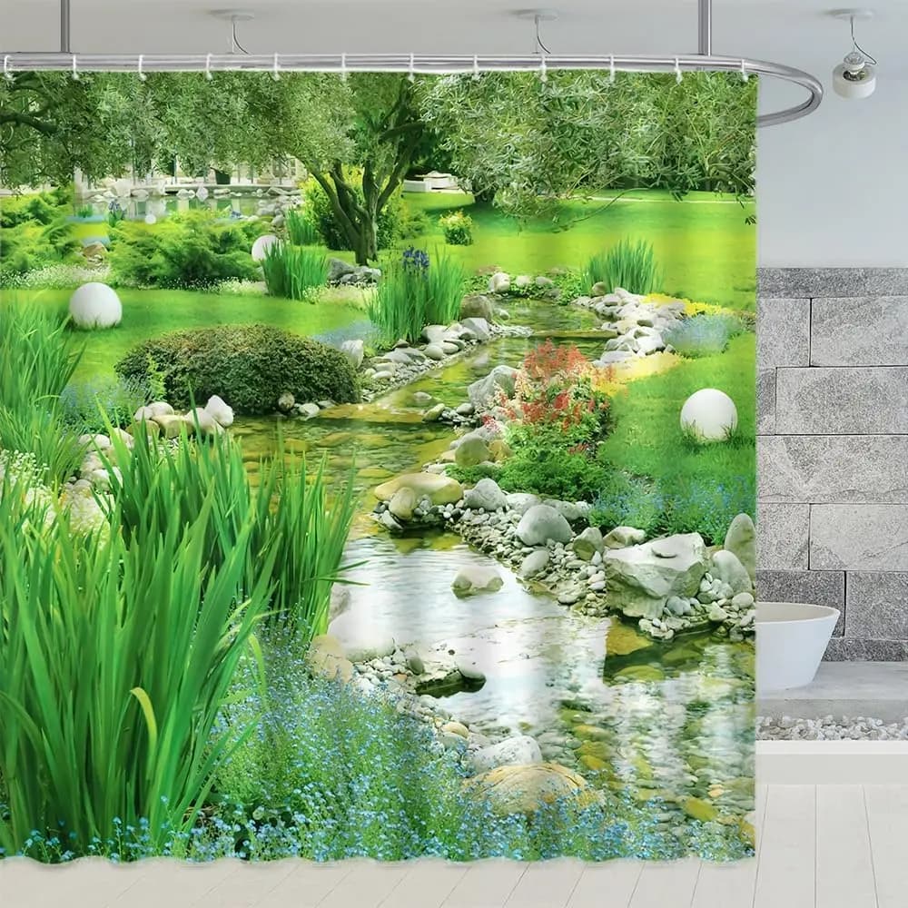 Tende da doccia con paesaggio da giardino primaverile, parco in stile giapponese, flusso di pietra, acqua, foglie verdi, motivo paesaggio, stampa, arredamento per il bagno