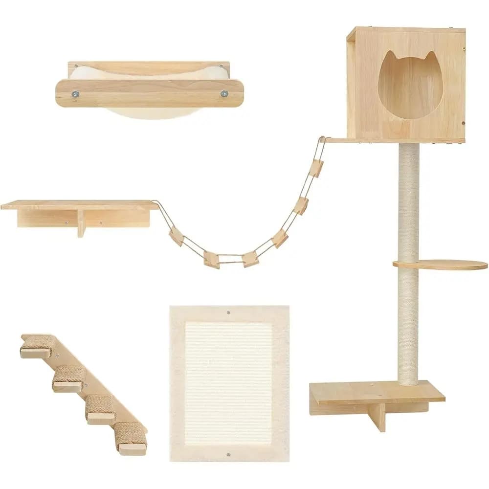 Set di 5 Mobili da Parete per Gatti con Corridoio, Amaca, Gradini, Tiragraffi e Mensole per Arrampicarsi, Robusto e Sicuro