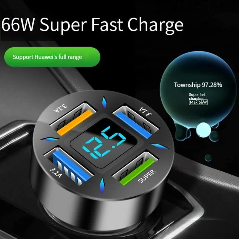 66W 4 Ports USB PD Quick Car Charger QC3.0 Type C Fast Charging Car Adapter Cigarette Lighter Socket Splitter For iPhone Xiaomi