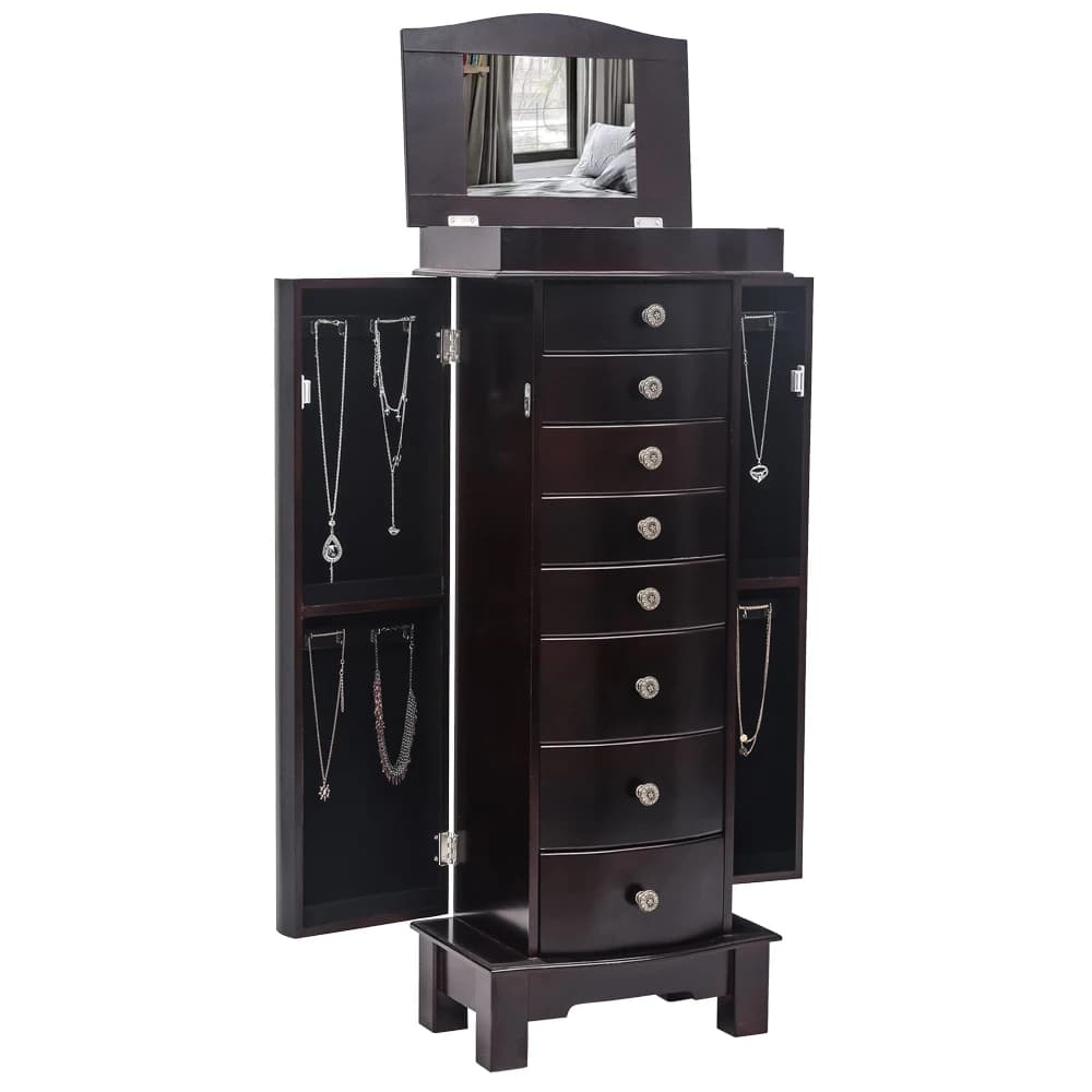 Armadio per gioielli con specchio, 8 cassetti e 16 ganci per collana, 2 porte a battente laterali (marrone)
