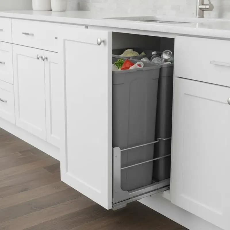 Double Retractable Refuse Bin 50 QT x2 For Kitchen Cabinet Sink Under Counter Heavy Duty Garbage Recycling Container Door Mounting Kit Soft Close Slide Mechanism Grey 21.8 x 15 x 19.2 Inch Professional Waste Management System