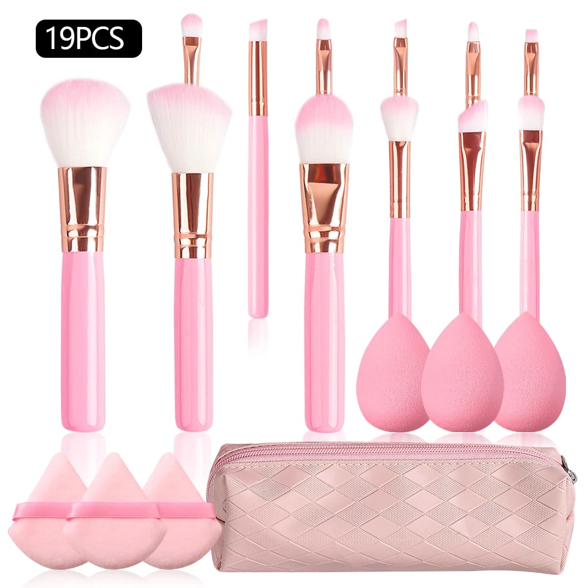 19 pieces set of 12 makeup brushes for beginners + 3 pieces of eggs for makeup not powder + 3 pieces of duvet from triangular powder + 1 bag storage