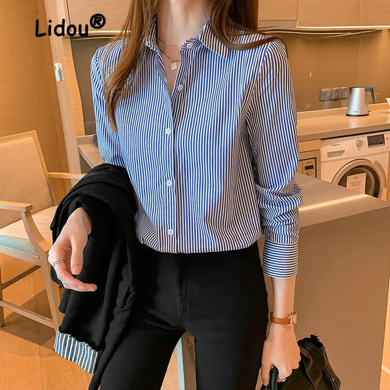Camicetta monopetto a righe con stampa professionale da ufficio nuova camicia da donna coreana a maniche lunghe con colletto rovesciato a maniche lunghe