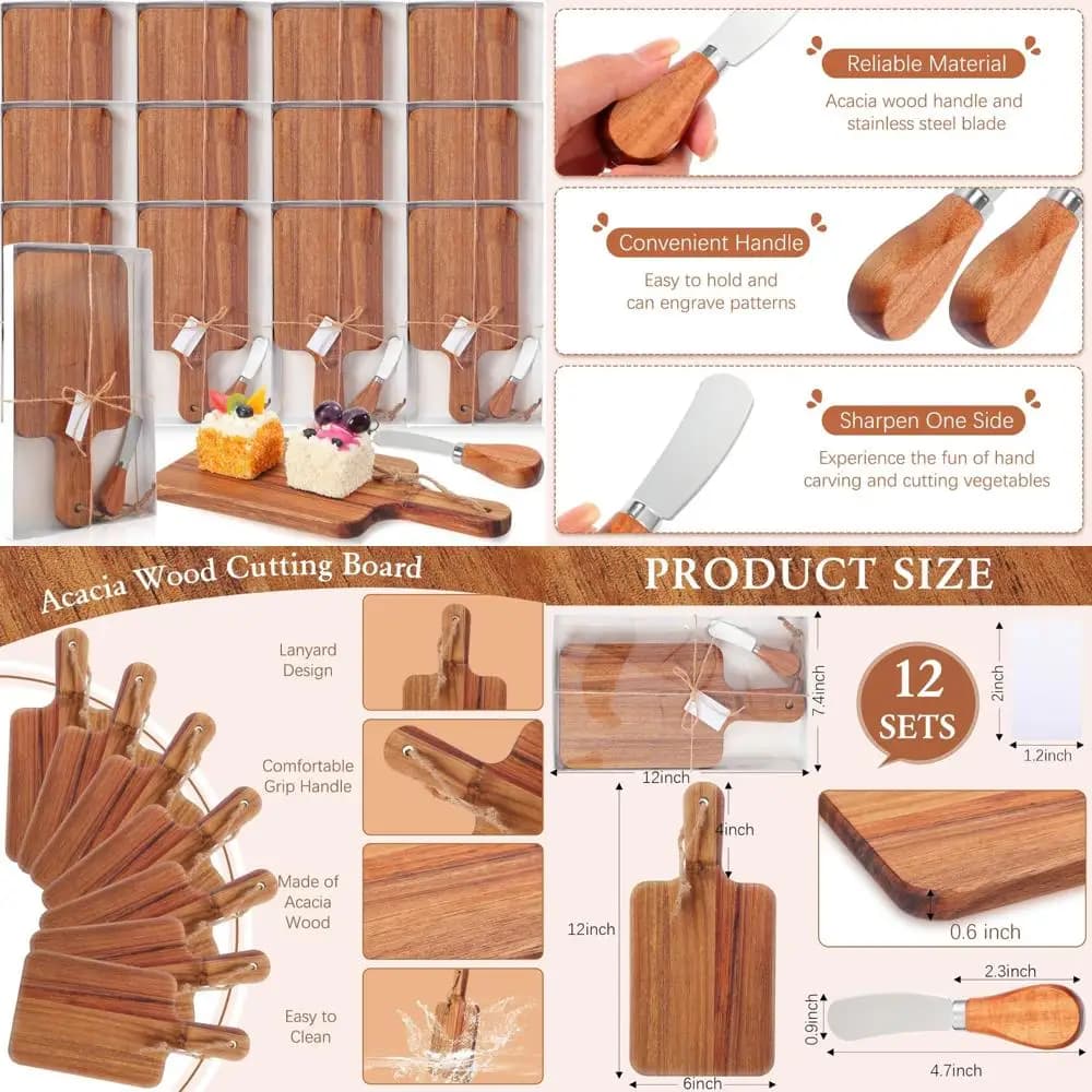 Set of 12 tables for meats with wooden cutter, mini knife and gift boxes, ideal for serving kitchen and entertainment