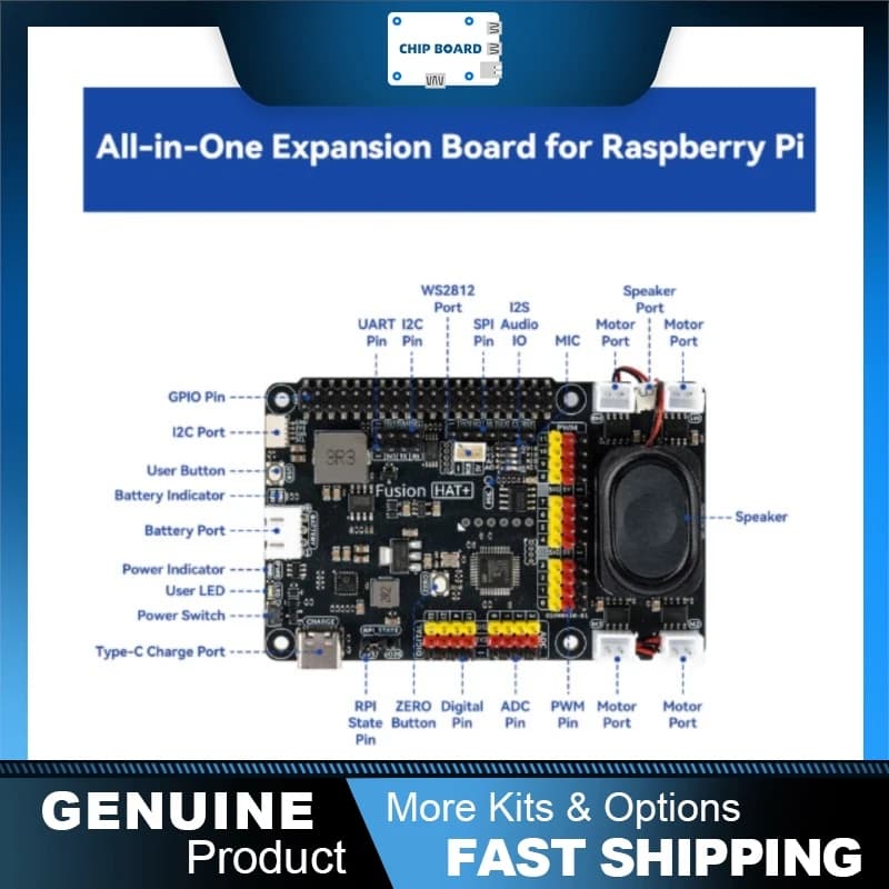 SunFounder Fusion HAT+: Raspberry Pi Expansion Board with Motors, Servos, Battery & AI LLM Support